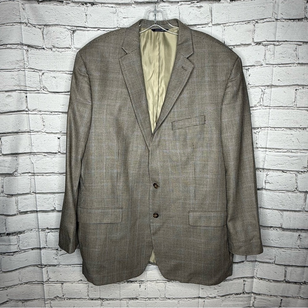 Ralph Lauren Mens Silk Wool Houndstooth Blazer Suit Jacket Size 48L Big Tall Tan
